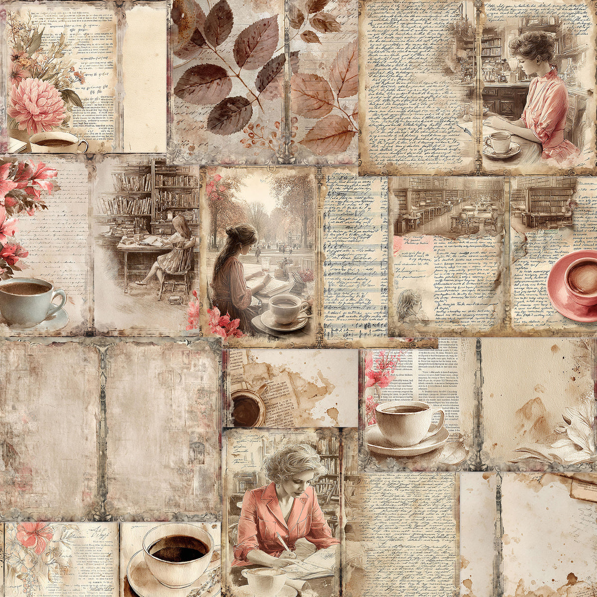 Vintage-style junk journal collage featuring sepia-toned book pages, botanical leaves, coffee cups, and illustrated women reading and writing, arranged in a tiled patchwork layout.