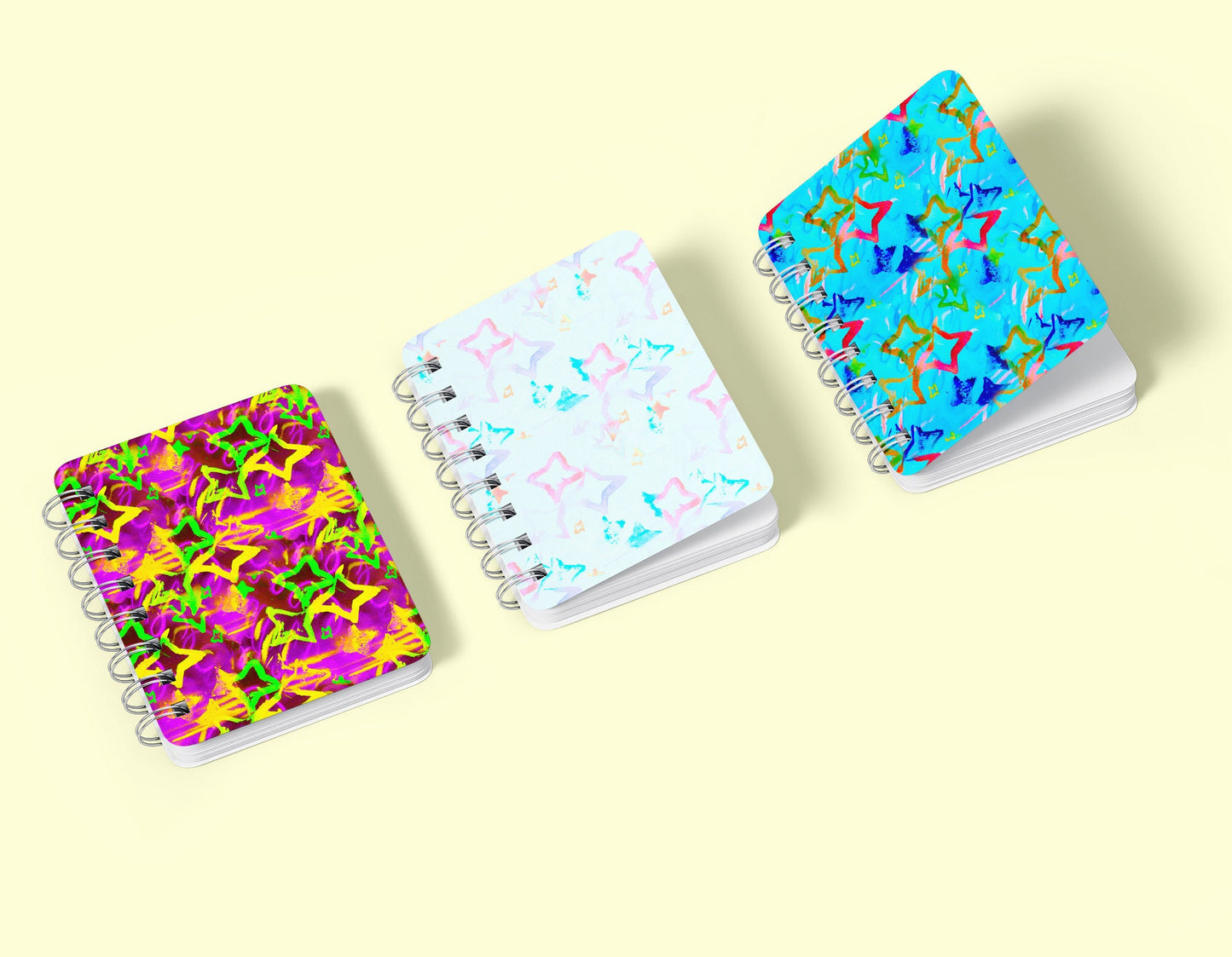 Watercolor Stars Tileable Patterns, Colorful Neon Stars Backgrounds