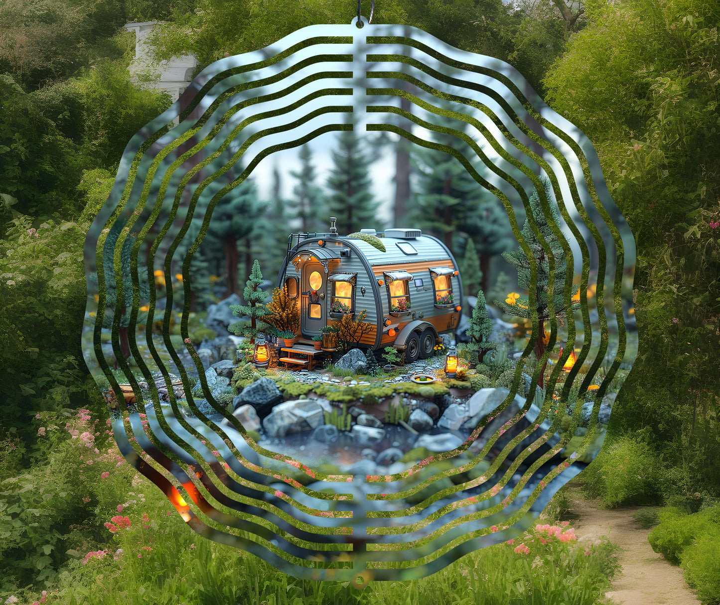 Camping Wind Spinner PNG, Cozy Caravan in the Forest Wind Spinner Square and Round Sublimation Design, Wind Spinner Template, Windspinner