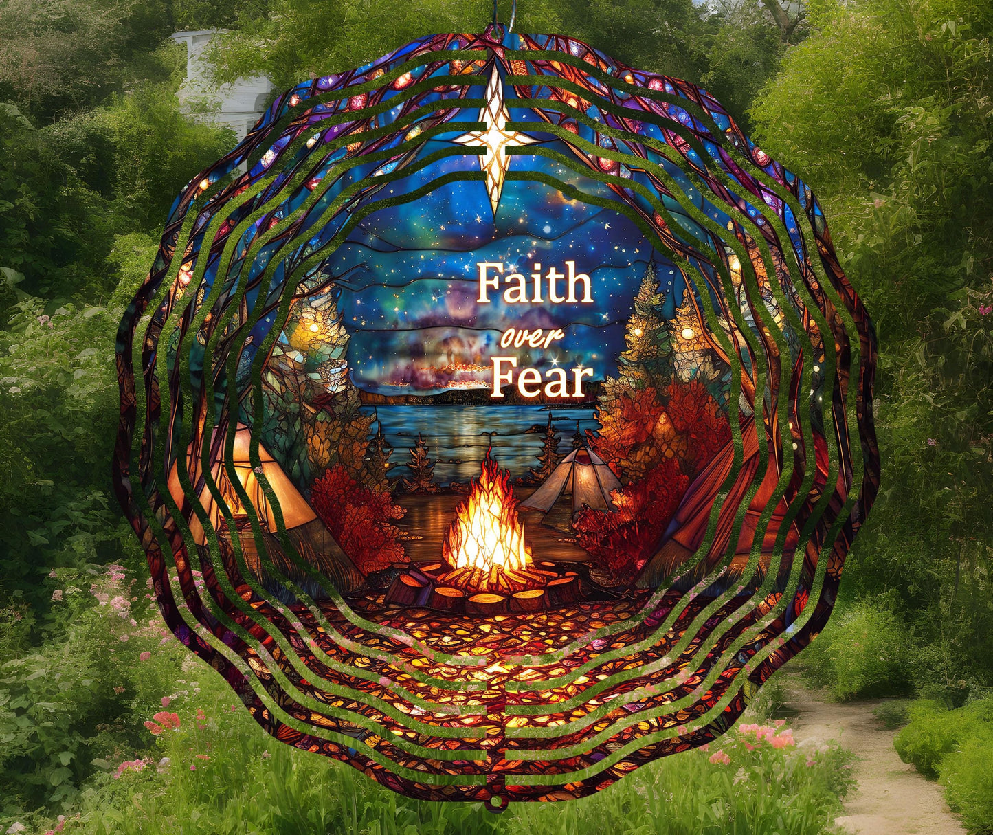 Christian Wind Spinner PNG, Faith Over Fear, Camping Wind Spinner Sublimation Design, Motivational Art, Stained Glass PNG, Digital Download