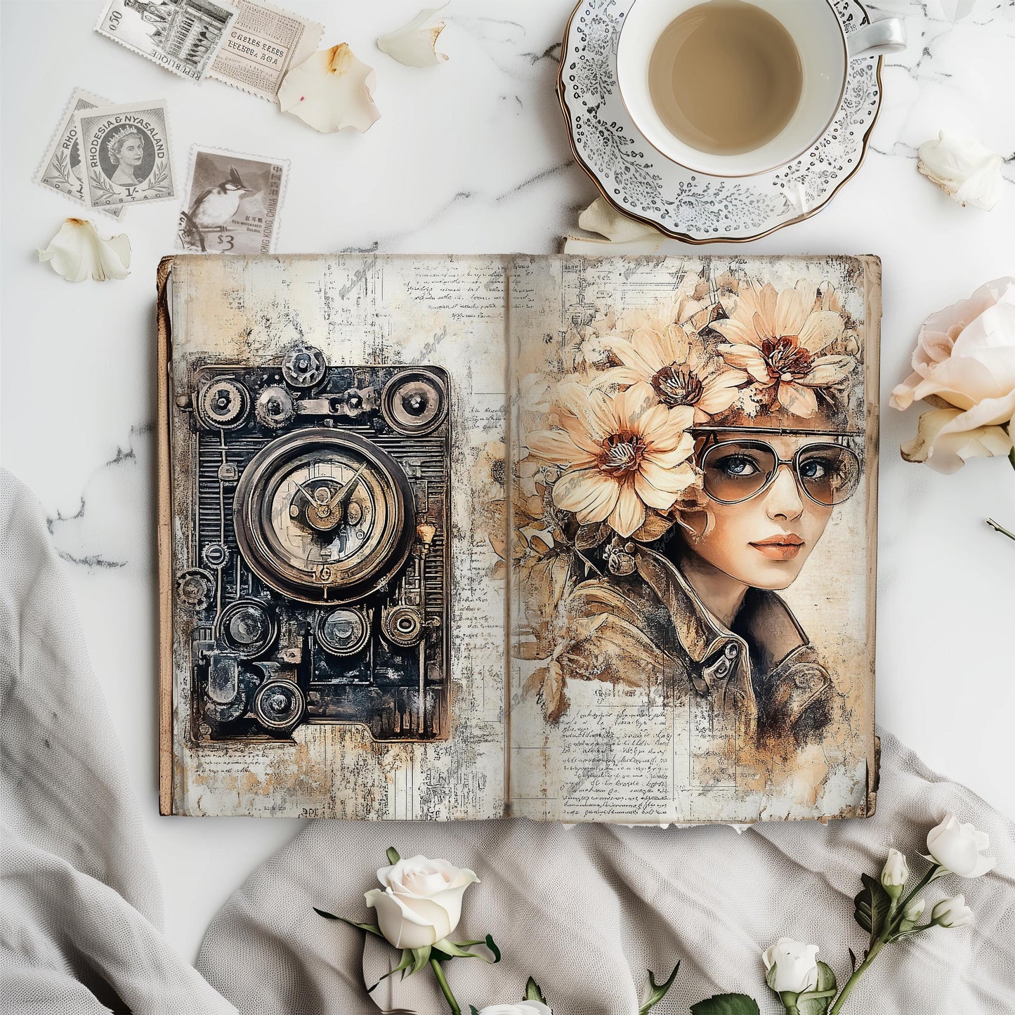 Steampunk Floral Junk Journal Kit, Vintage Printable Ephemera