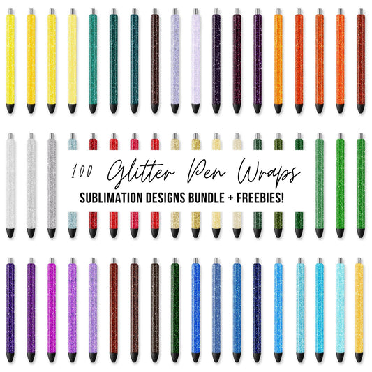 Collection of glitter pen wraps in various colors. 