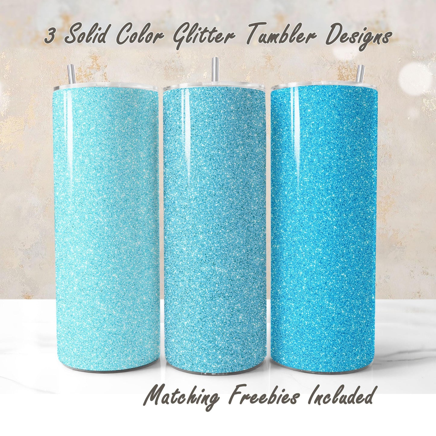 Three blue glitter tumbler wraps with matching freebies, sublimation designs for DIY and commercial use.