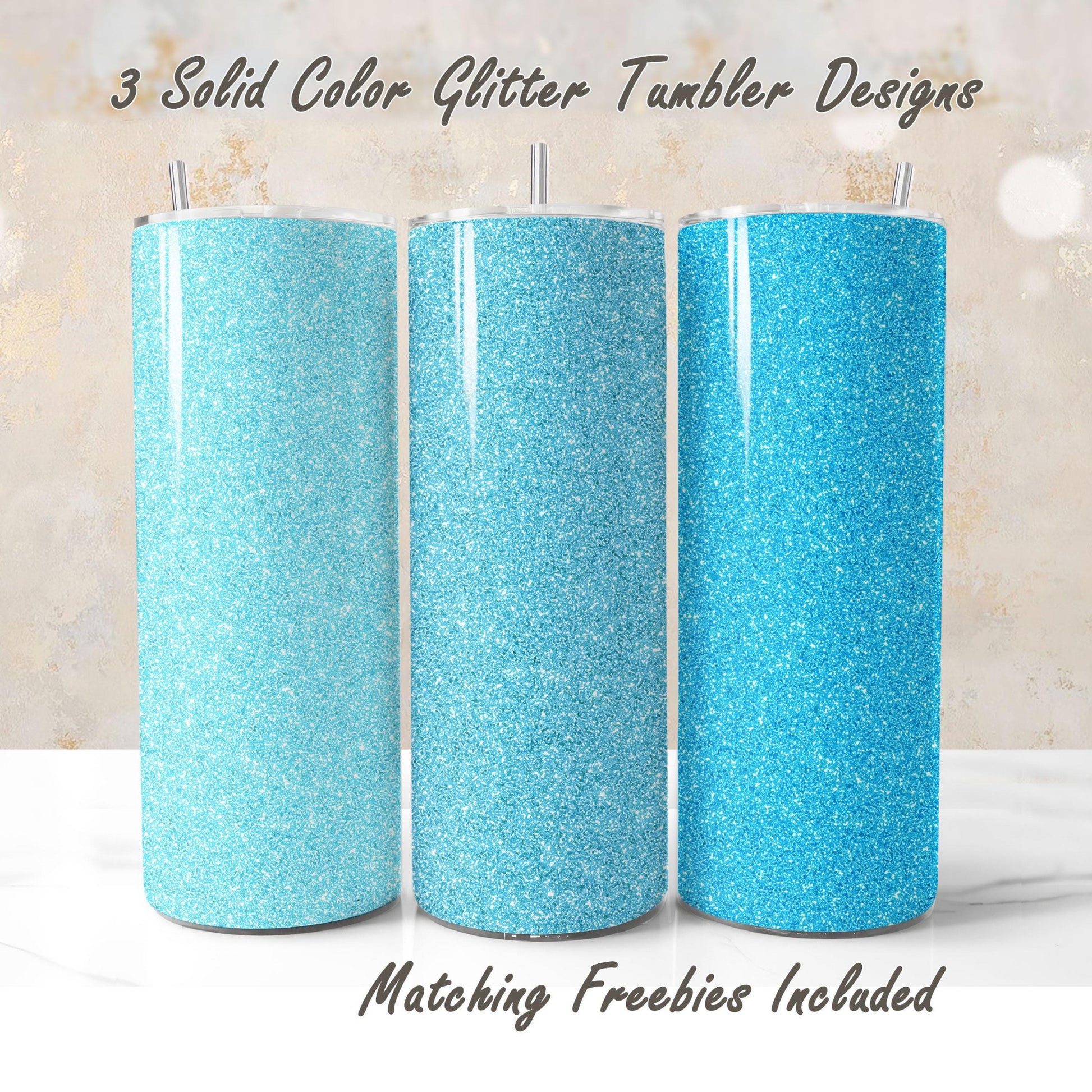 Three blue glitter tumbler wraps with matching freebies, sublimation designs for DIY and commercial use.