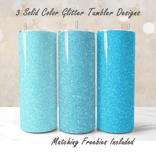 Three blue glitter tumbler wraps with matching freebies, sublimation designs for DIY and commercial use.