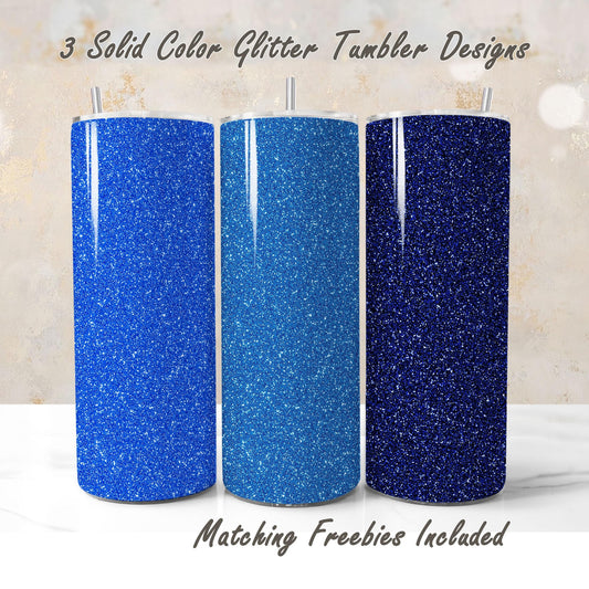 Three blue glitter tumbler wraps with matching freebies, sublimation designs for DIY and commercial use.