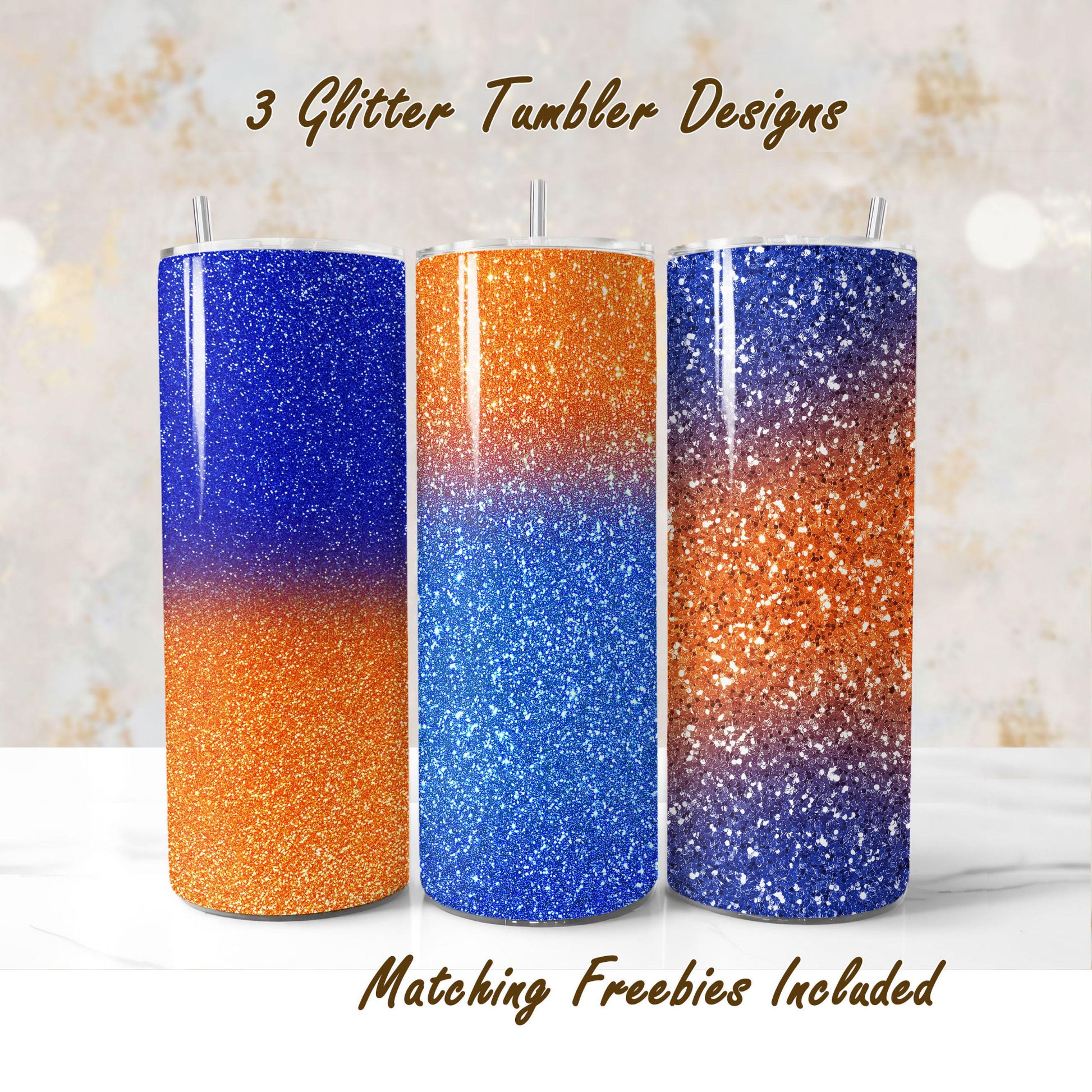 Three blue orange glitter tumbler wraps with gradient colors, sublimation designs, for DIY and commercial use.