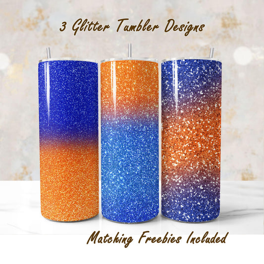 Three blue orange glitter tumbler wraps with gradient colors, sublimation designs, for DIY and commercial use.