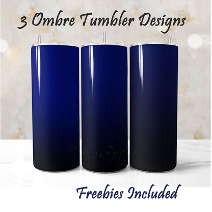 Three blue to black ombre tumbler wraps, sublimation designs for DIY and commercial use.