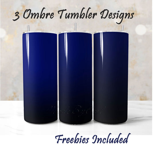 Three blue to black ombre tumbler wraps, sublimation designs for DIY and commercial use.