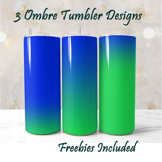 Three ombre tumbler designs in blue and green. Sublimation designs for DIY and commercial use.