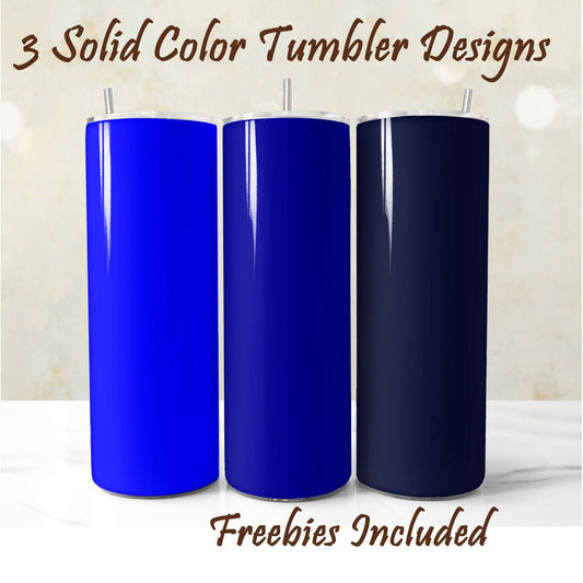 Three blue tumbler wrap designs, each in a different shade, for 20oz skinny straight tumblers
