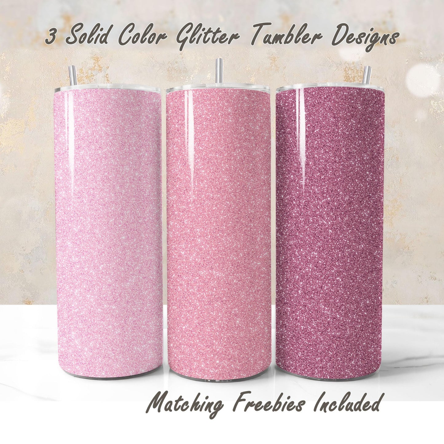 Three pink glitter tumbler wraps with matching freebies for DIY and commercial use.
