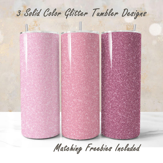 Three pink glitter tumbler wraps with matching freebies for DIY and commercial use.