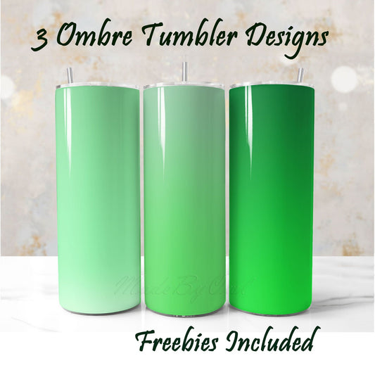 Three green ombre tumblers with text about designs and freebies on a light background.