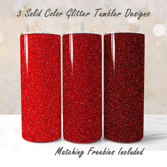Three red glitter tumbler wraps with matching freebies, sublimation designs for DIY and commercial use.