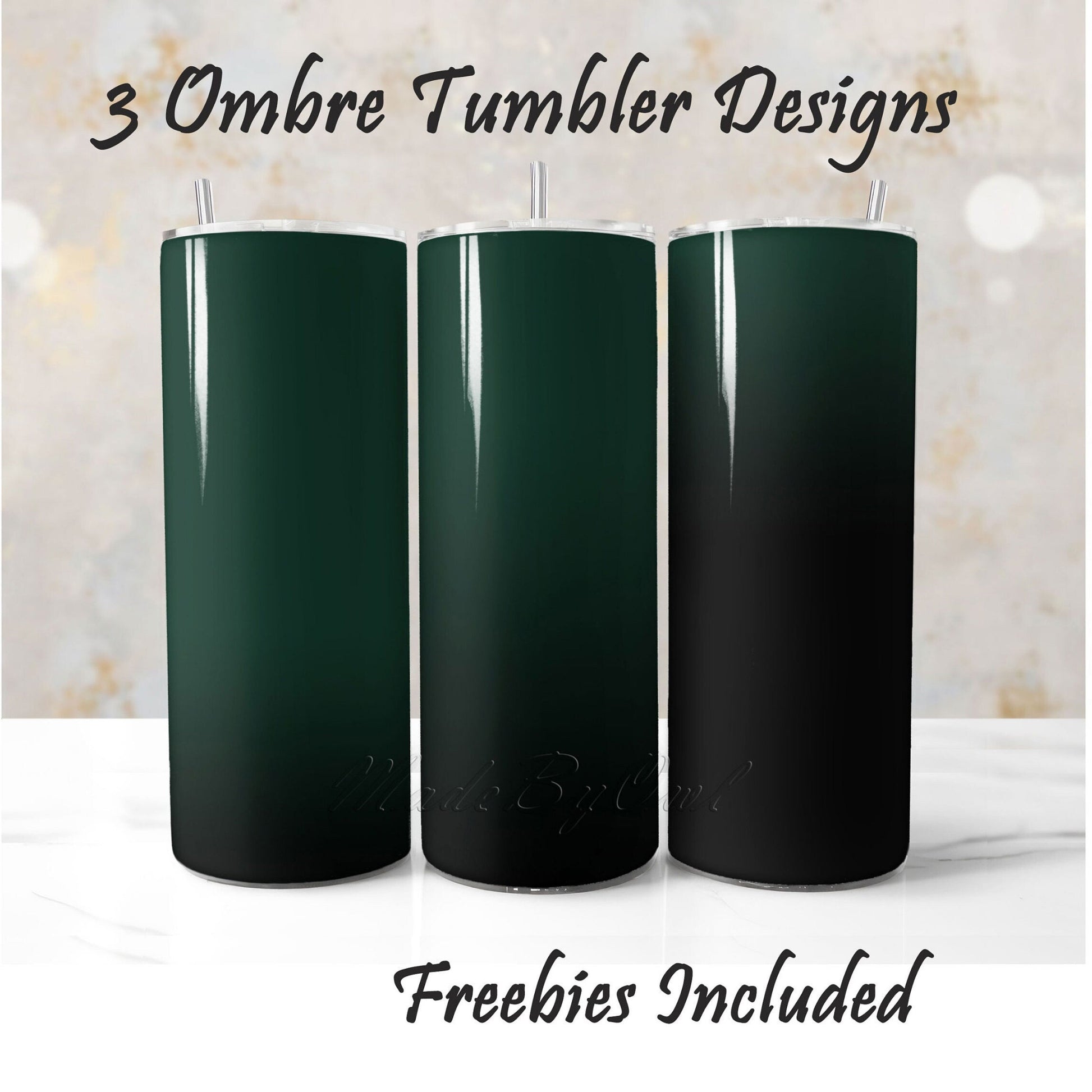 Three green to black ombre tumbler wrap sublimation designs for DIY and commercial use.