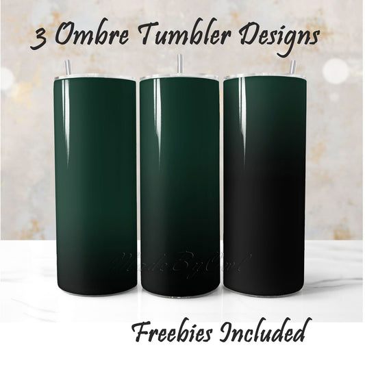 Three green to black ombre tumbler wrap sublimation designs for DIY and commercial use.