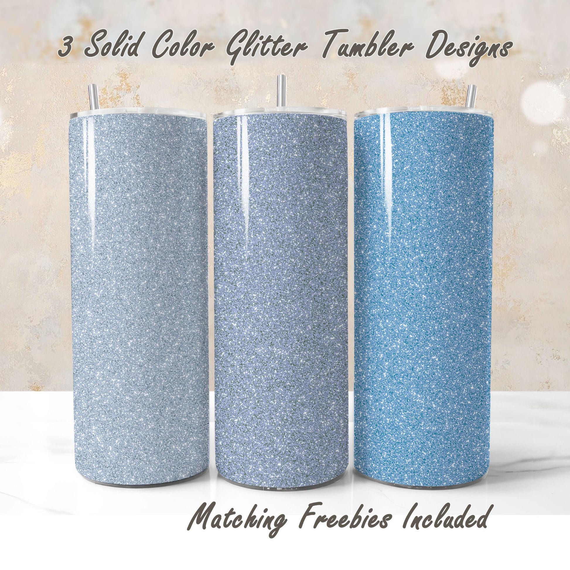 Three glitter tumblers in different shades of dusty blue, sublimation designs for DIY and commercial use.