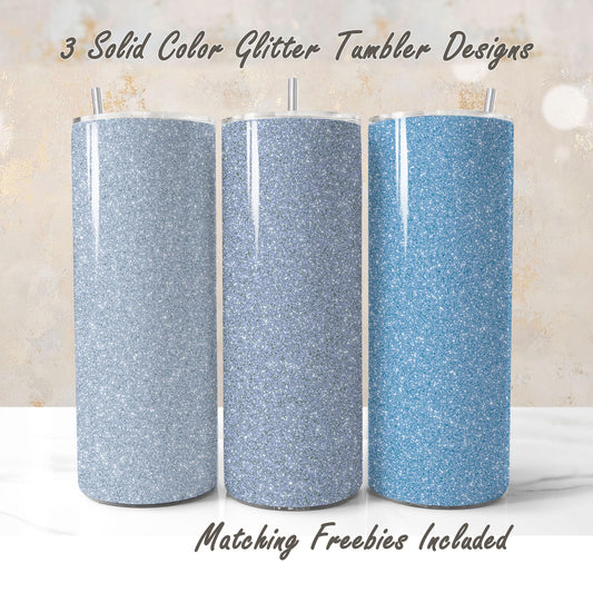 Three glitter tumblers in different shades of dusty blue, sublimation designs for DIY and commercial use.