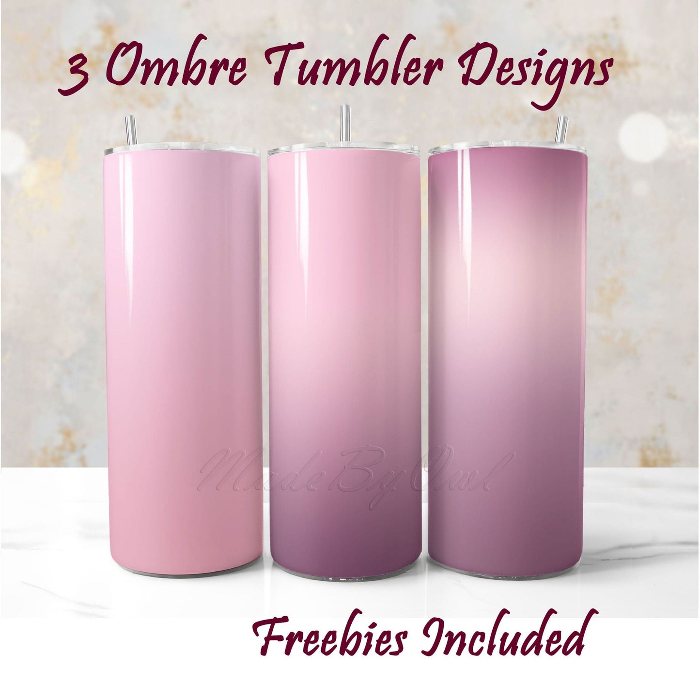 Three ombre tumbler designs in pink and purple on a white background.  Sublimation designs for DIY and commercial use.