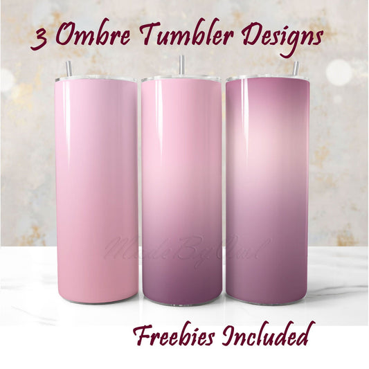 Three ombre tumbler designs in pink and purple on a white background.  Sublimation designs for DIY and commercial use.