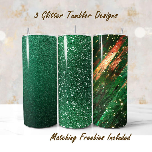 Set of 3 emerald green and gold tumblers sublimation designs with different patterns, including Milky Way, for DIY and commercial use.