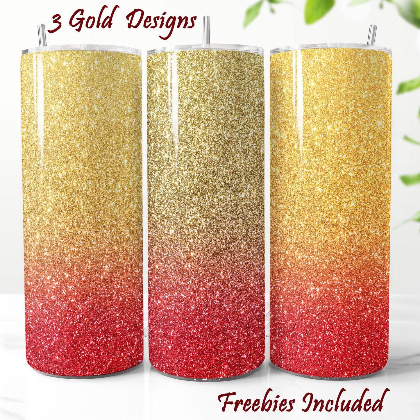 Three glittery tumbler wraps with gold and red gradient designs for DIY and commercial use.