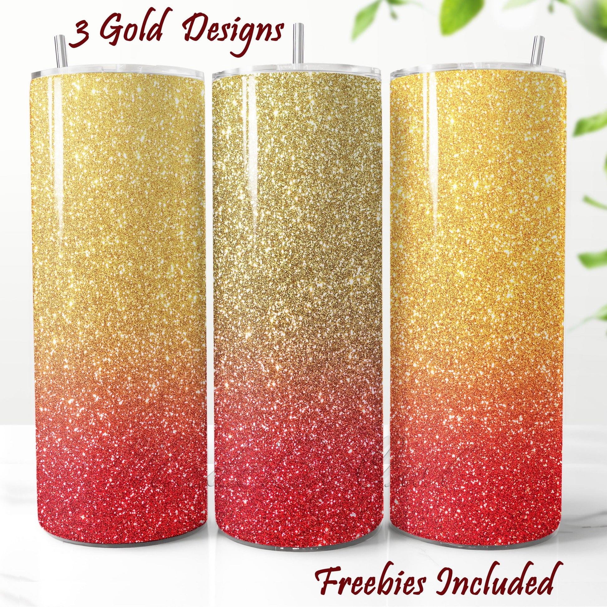 Three glittery tumbler wraps with gold and red gradient designs for DIY and commercial use.