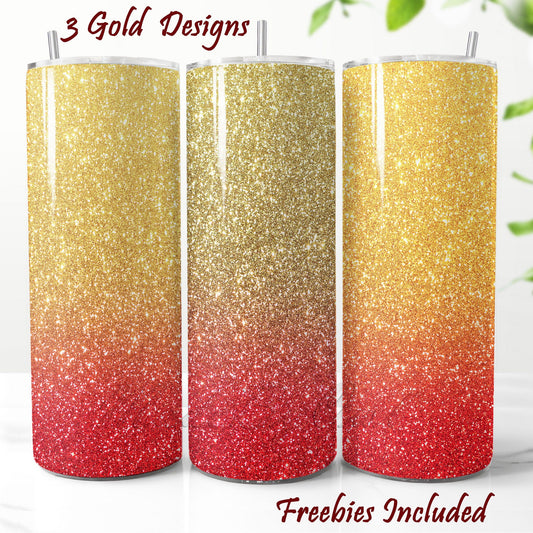 Three glittery tumbler wraps with gold and red gradient designs for DIY and commercial use.