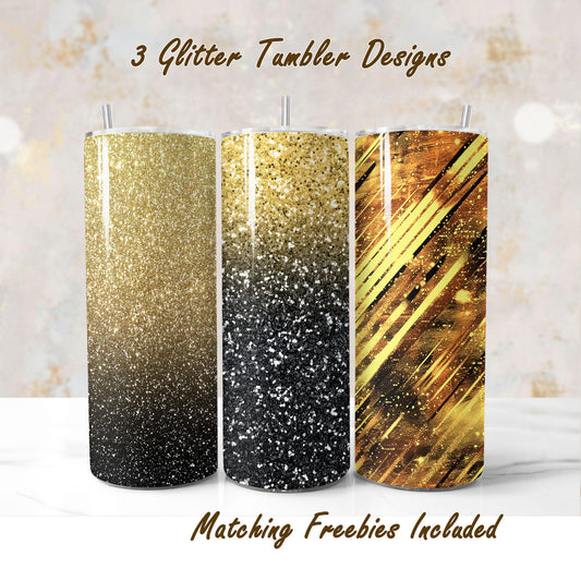 Three gold and black glitter tumblers with different designs, sublimation PNG for DIY and commercial use.