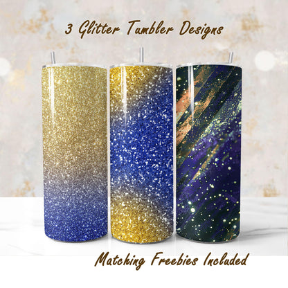 Three gold and blue glitter tumbler wraps sublimation designs, including Milky Way, for DIY and commercial use. 