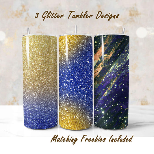 Three gold and blue glitter tumbler wraps sublimation designs, including Milky Way, for DIY and commercial use. 