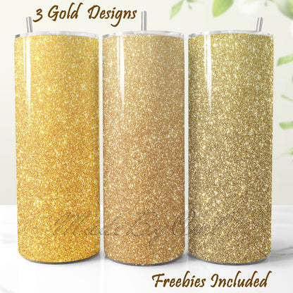3 tumblers sublimation designs in different shades of gold, for DIY and commercial use.