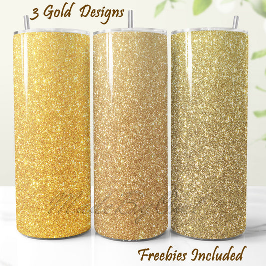 3 tumblers sublimation designs in different shades of gold, for DIY and commercial use.