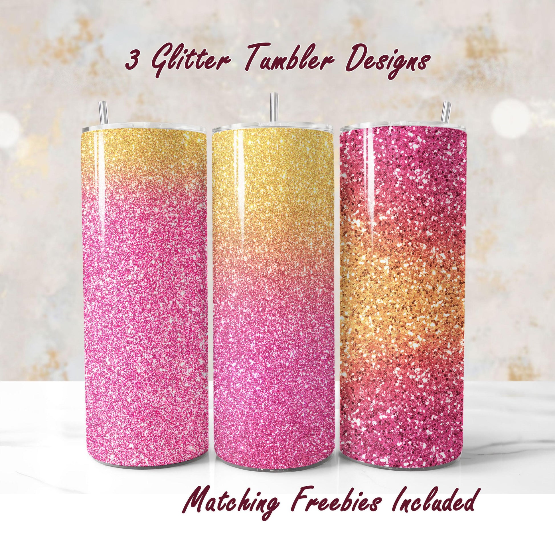 Three glitter tumblers with pink and gold gradient, sublimation designs for DIY and commercial use.
