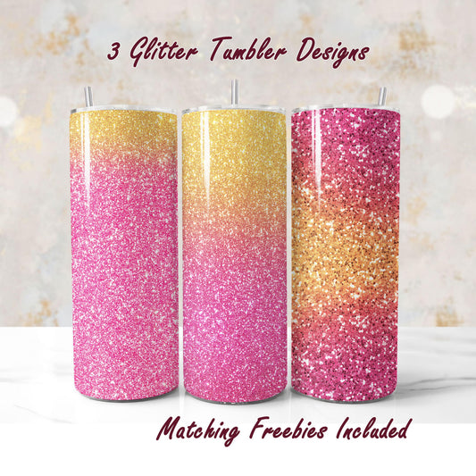 Three glitter tumblers with pink and gold gradient, sublimation designs for DIY and commercial use.