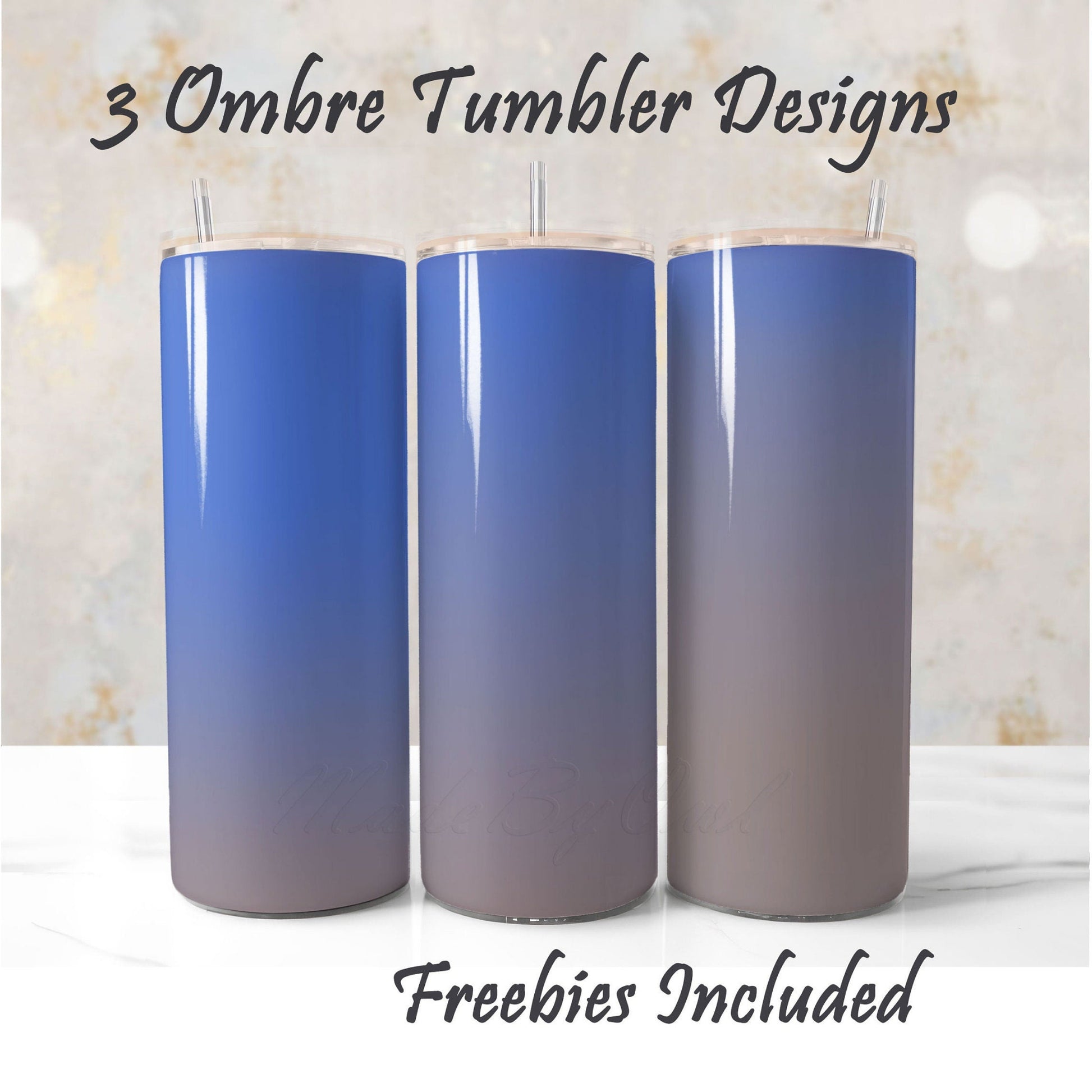 Three ombre tumbler designs with a gradient from blue to gray  for DIY and commercial use