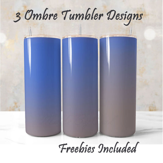 Three ombre tumbler designs with a gradient from blue to gray  for DIY and commercial use