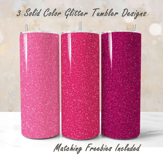Three pink glitter tumbler wraps with matching freebies, sublimation designs for DIY and commercial use.