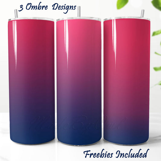 Three gradient tumbler wraps in pink and blue. Sublimation designs for DIY and commercial use.