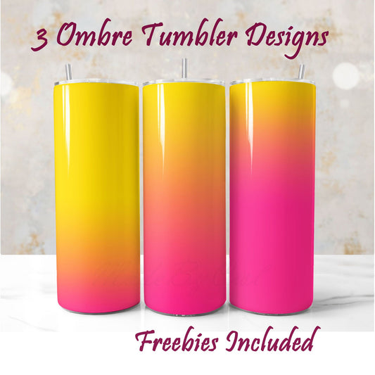 Three ombre tumblers with yellow to pink gradient on a light background.  Sublimation designs for DIY and commercial use.