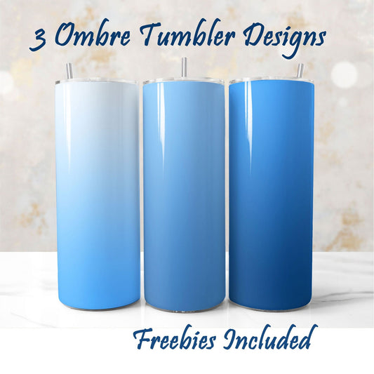 Three light blue ombre tumbler wrap sublimation designs for DIY and commercial use.
