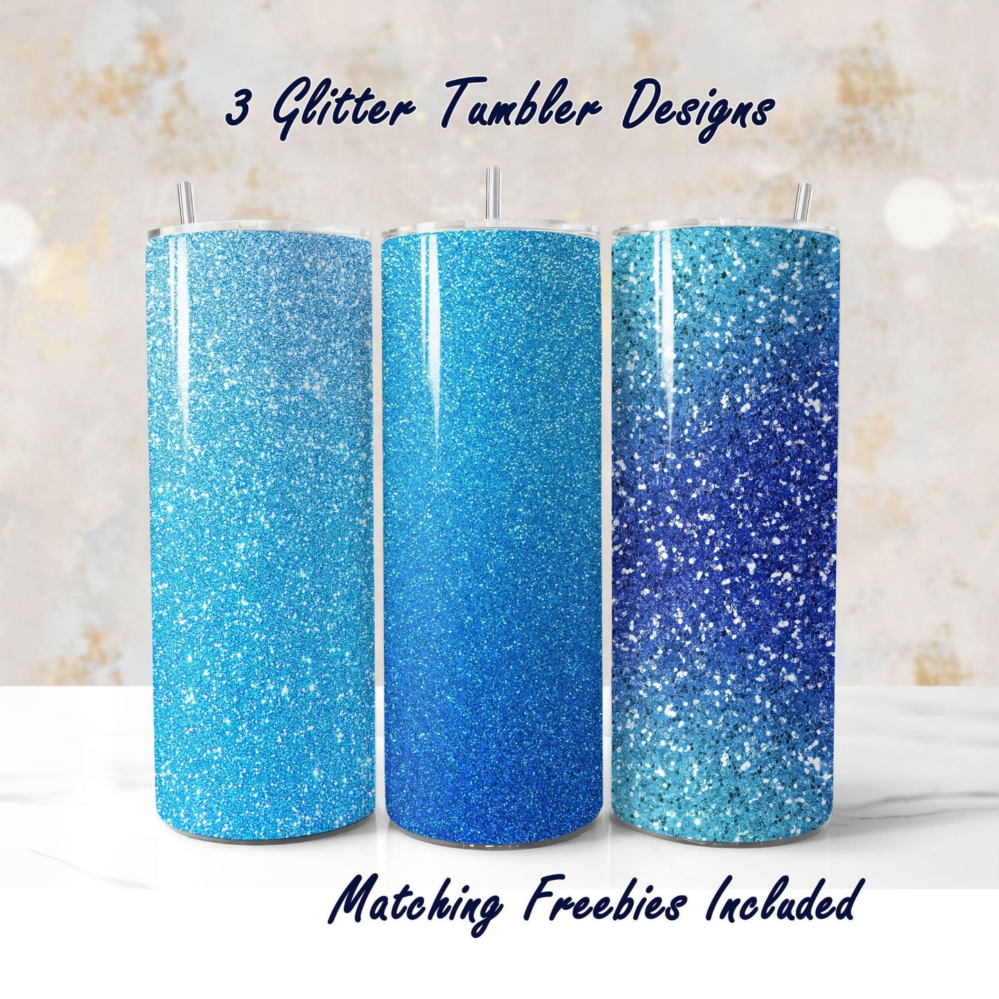 Three blue glitter tumbler wraps with matching freebies, sublimation designs for DIY and commercial use.