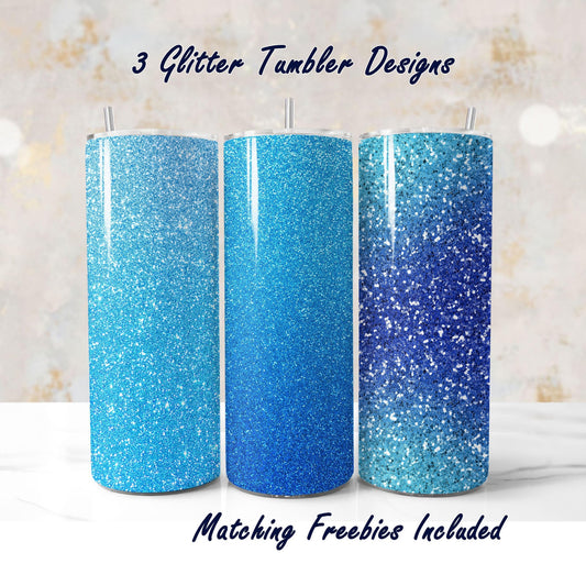 Three blue glitter tumbler wraps with matching freebies, sublimation designs for DIY and commercial use.