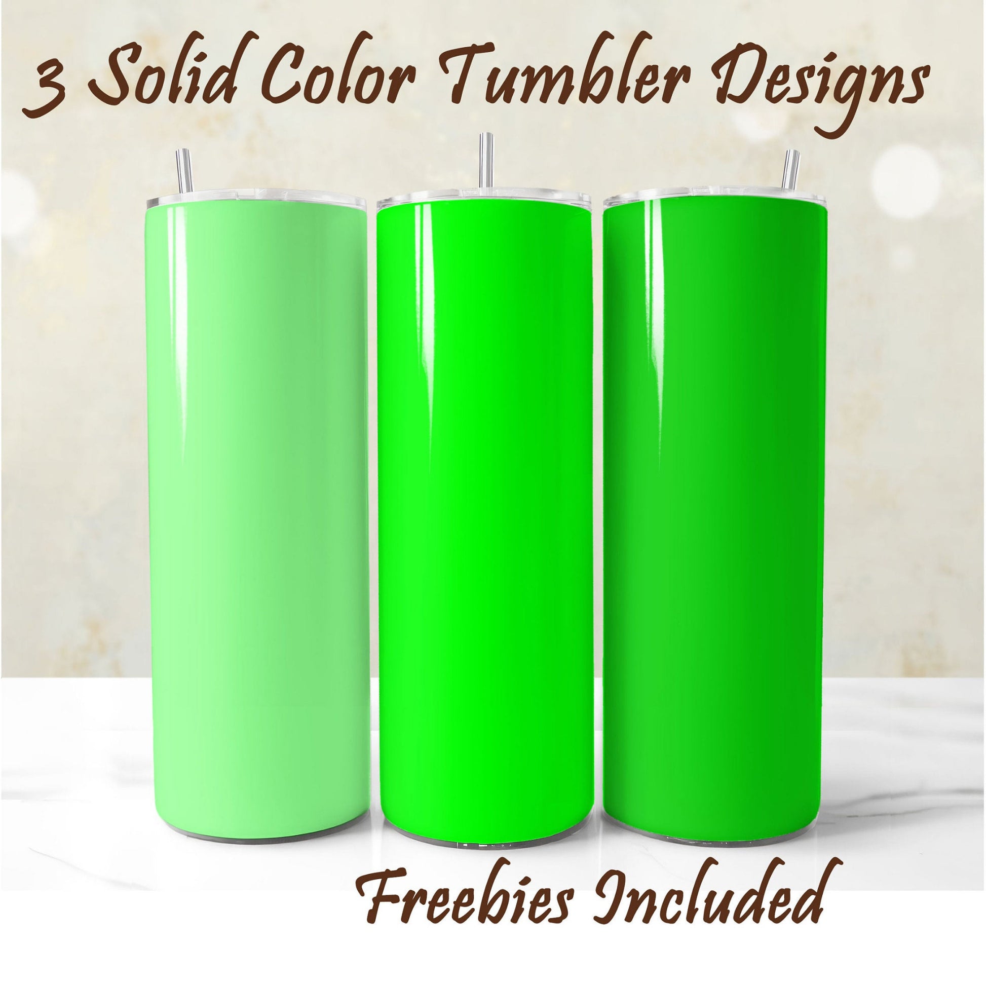 Three vivid green tumblers, solid color , sublimation designs for DIY and commercial use.