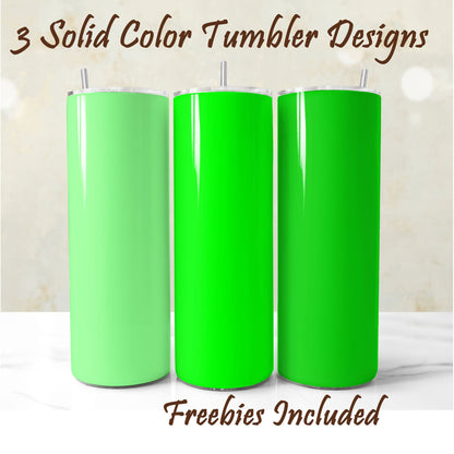 Three vivid green tumblers, solid color , sublimation designs for DIY and commercial use.