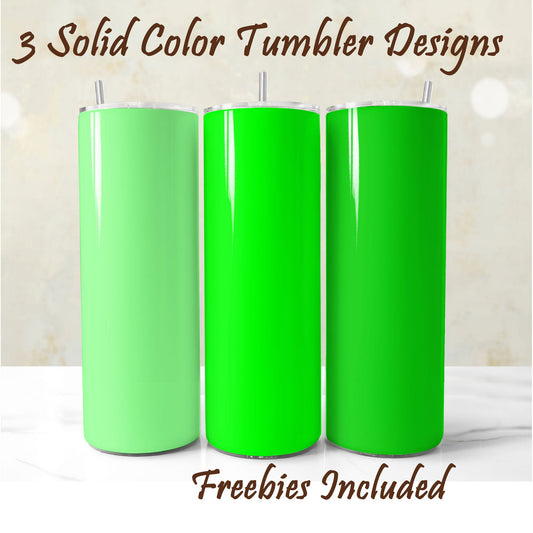 Three vivid green tumblers, solid color , sublimation designs for DIY and commercial use.