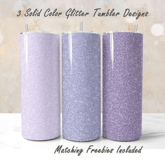 Three lilac glitter tumbler wraps with matching freebies, sublimation designs for DIY and commercial use.