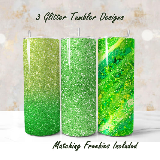Three green glitter tumbler wraps with matching freebies, sublimation designs, including Milky Way, for DIY and commercial use.